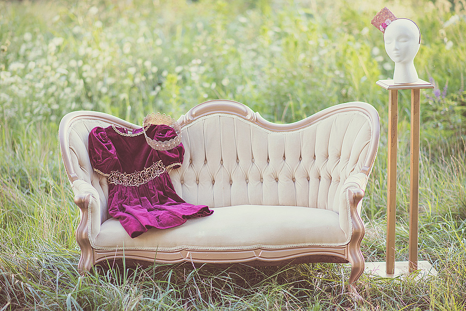 Princess Session with couch and dress outfit with Louisville Child Photographer