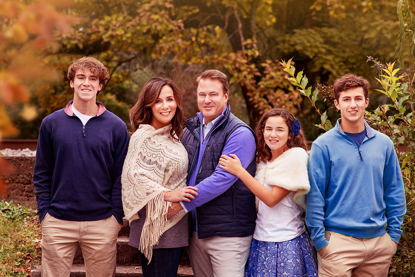 Fall Family Portraits of Mature Family in Blue Outfits by Lousville Family Photographer