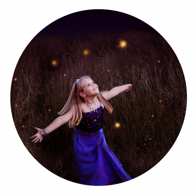 Little Girl dressed as princess with fireflies at night by Louisvilles's Best Child Photographer