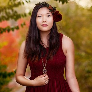 Louisville Senior Portrait of Asian Girl in Red Dress and FLower Crown