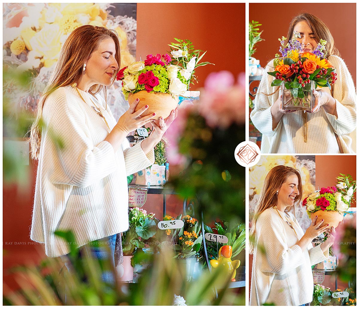 Woman smelling flowers at Oberers Florist shop in Westport Village for social media content