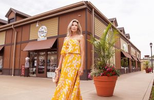 Shopping in yellow dress of Darling State of Mind in Westport Village by Louisville Instagram Photographer