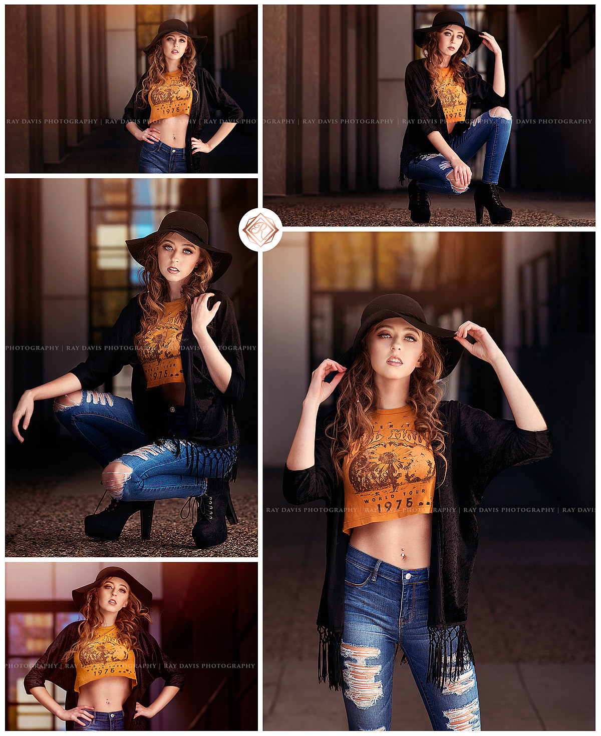 Bold urban senior session with hipster style girl wearing crop top and black floppy hat for pictures with Top Louisville Senior Photographer Ray Davis Photography