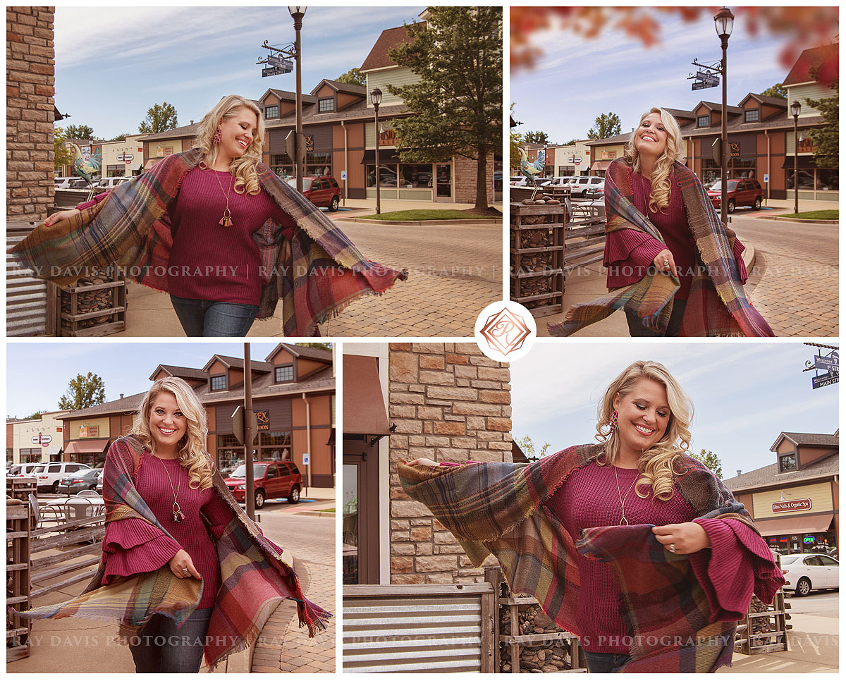 Allison walking through Westport Village waring a fall sweater from Darling State of Mind for Louisville Business Photography