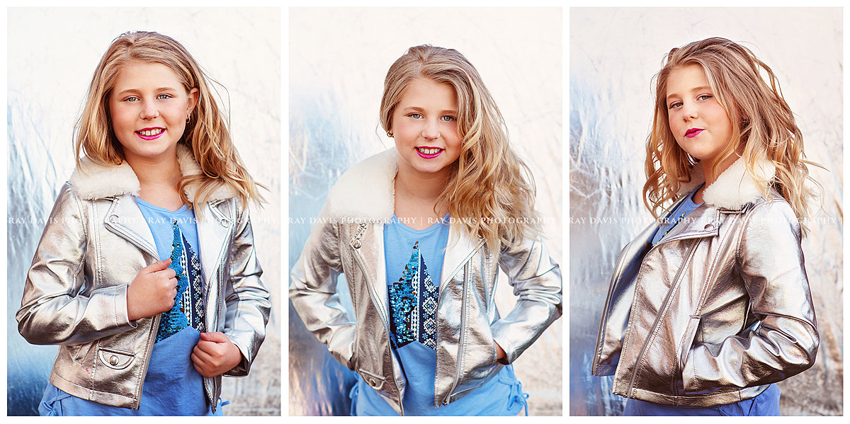 child model in silver jacket for headshots with Louisville Tween Photographer