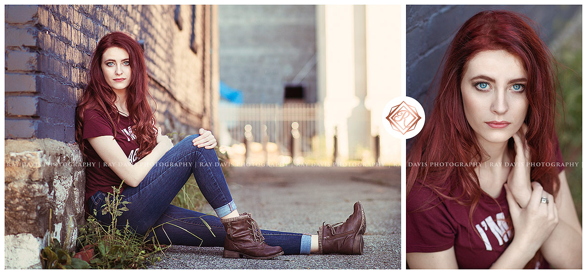 Girl sitting on ground in urban downtown area for Louisville Senior Pictures with Ray Davis Photography