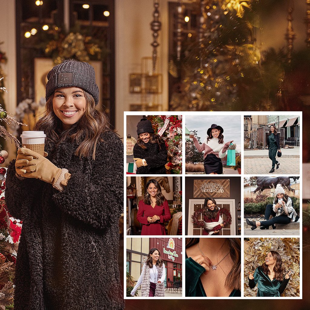 Holiday Instagram Influencer for Westport Village Shopping Center enjoying coffee taken by Louisville Branding Photographer