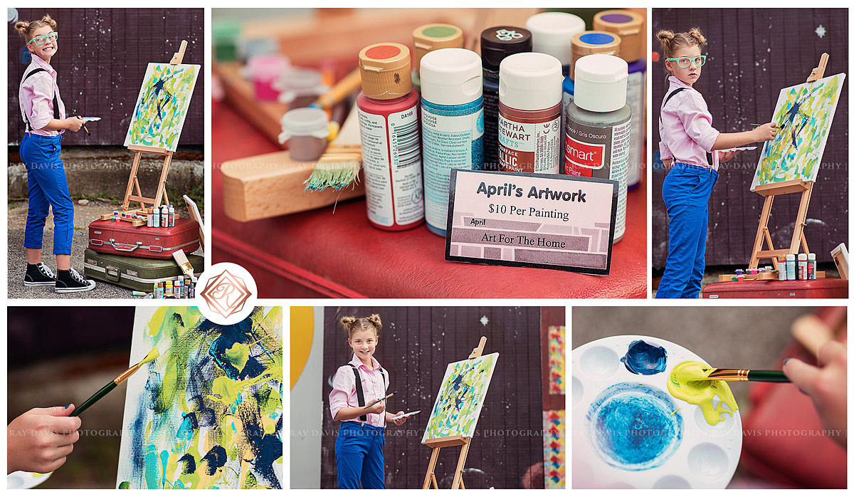 kid girl painting on canvas balanced on suitcases for child pictures with Louisville Tween Photographer Ray Davis Photography