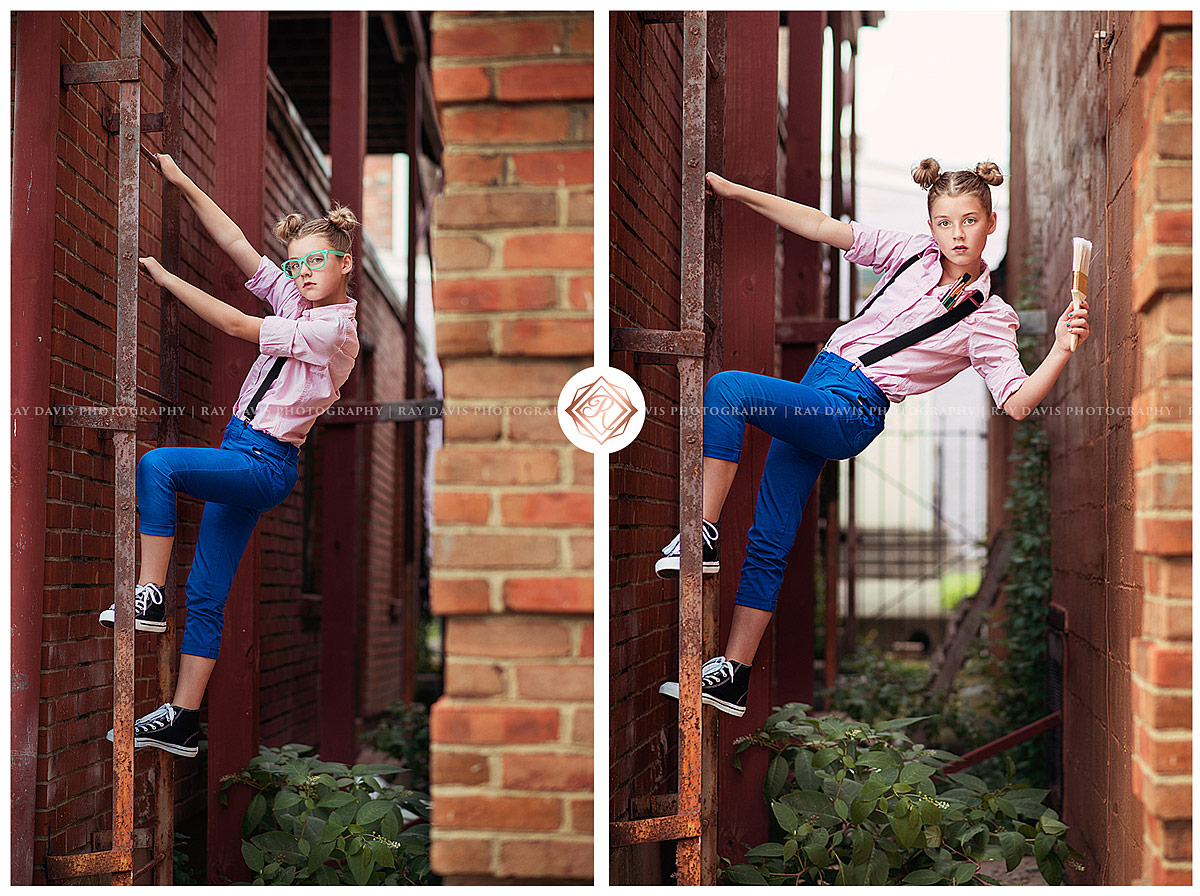 Girl on ladder with paint brush for tween portraits with Louisville Childrens Photographer Ray Davis Photography