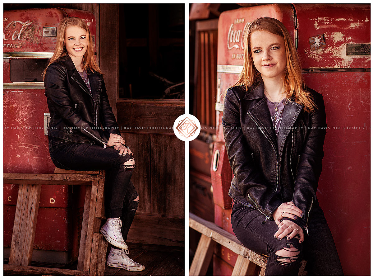 rustic oldham county high school girl in fornt of old coca cola machine in lagrange ky for louisville senior pictures with Ray Davis Photography