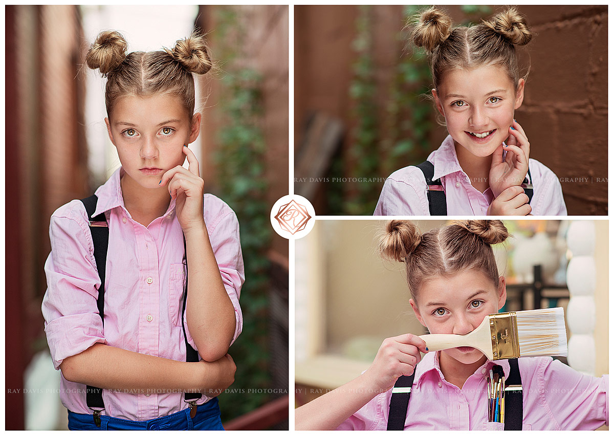 Cute tween girl with twin buns hair style for pictures with Louisville Child Photographer Ray Davis Photography