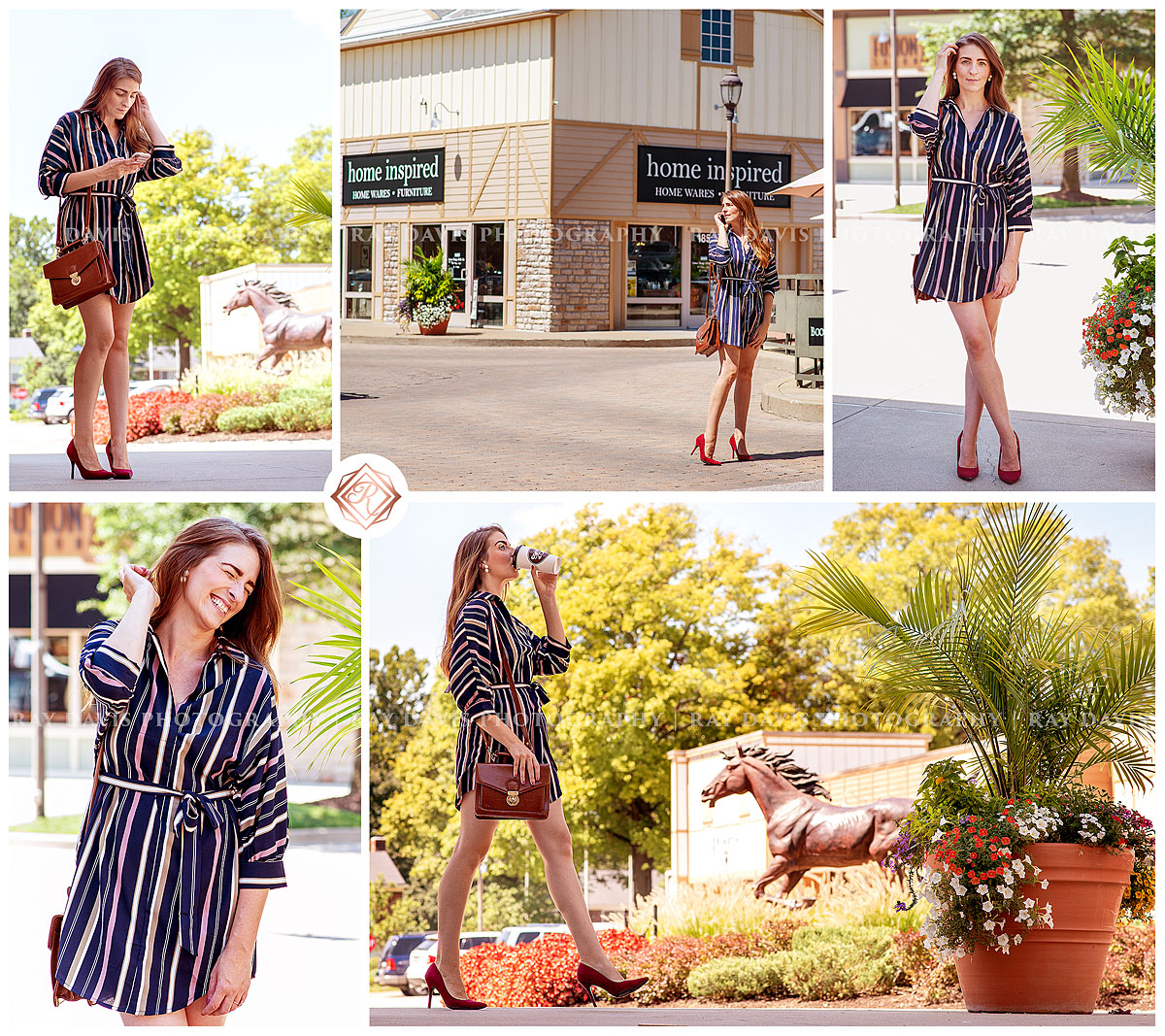 The Blush Influence instagram influencers in Westport Village wearing striped dress from Apricot Lane during content and branding photo session with Ray Davis Photography