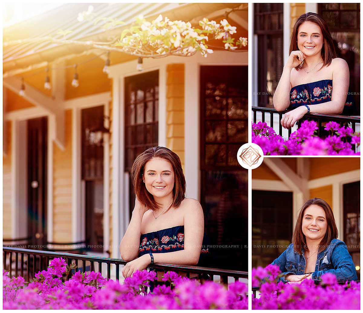 High School Senior Girl leans on railing at The Village Anchor for Louisville Senior Pictures by Ray Davis Photography