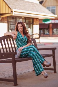 Woman on Bench in Westport Villlage wearing Tunies Boutique for Louisville Content Photographer