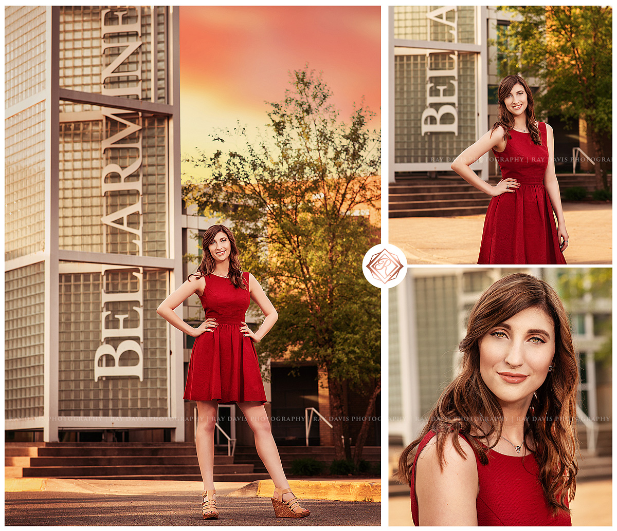 Bellarmine University campus with girl in red dress for Grad session pictures