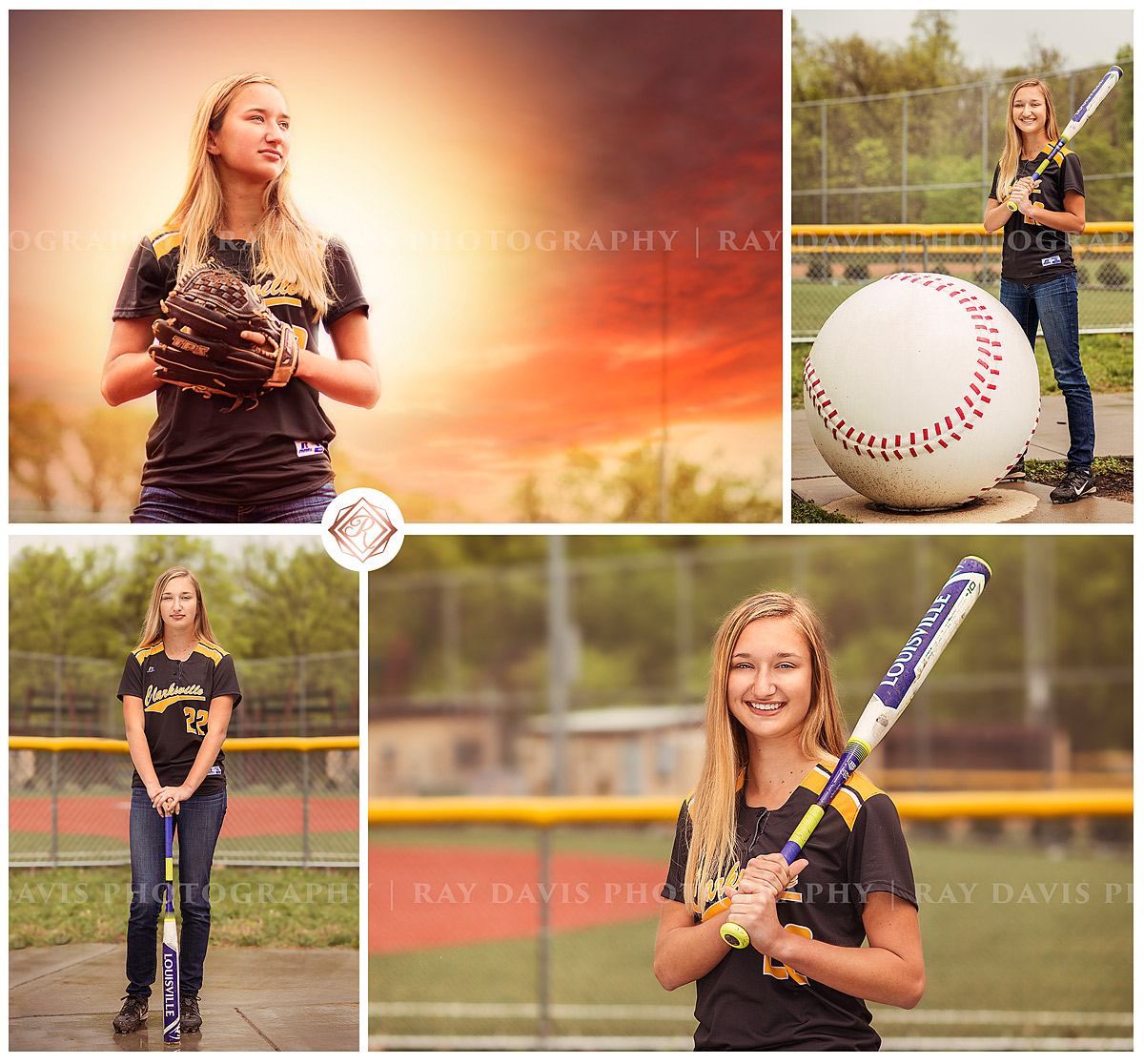 Senior Girl Softball Pictures with bat and on field in Louisville KY by Ray Davis Photography