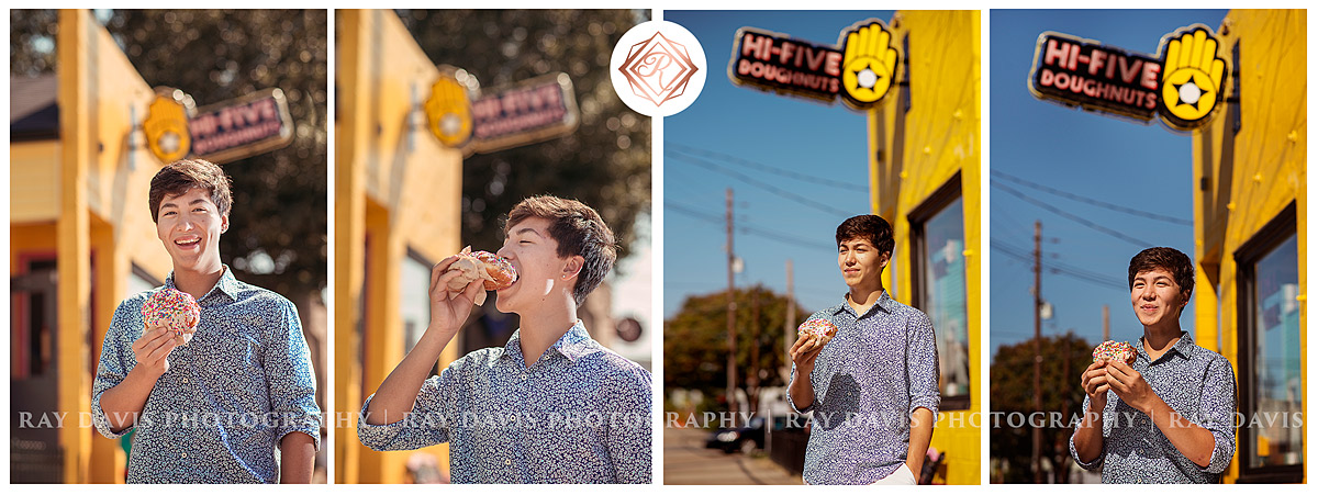 senior boy eating-hi-five doughnuts in nulu louisville