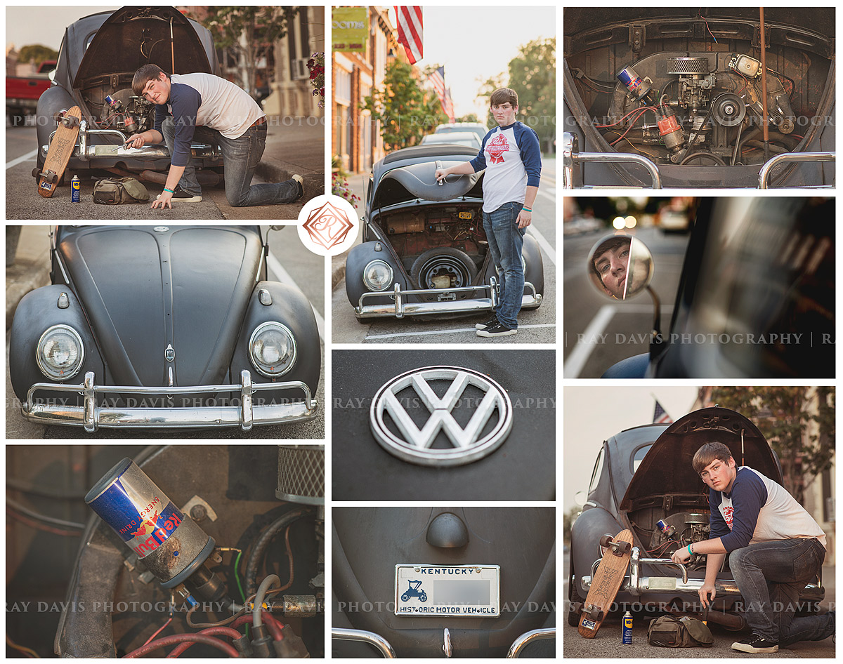 Senior Guy with VW Bug Beetle Car in Lagrange KY taken by Louisville Photographer