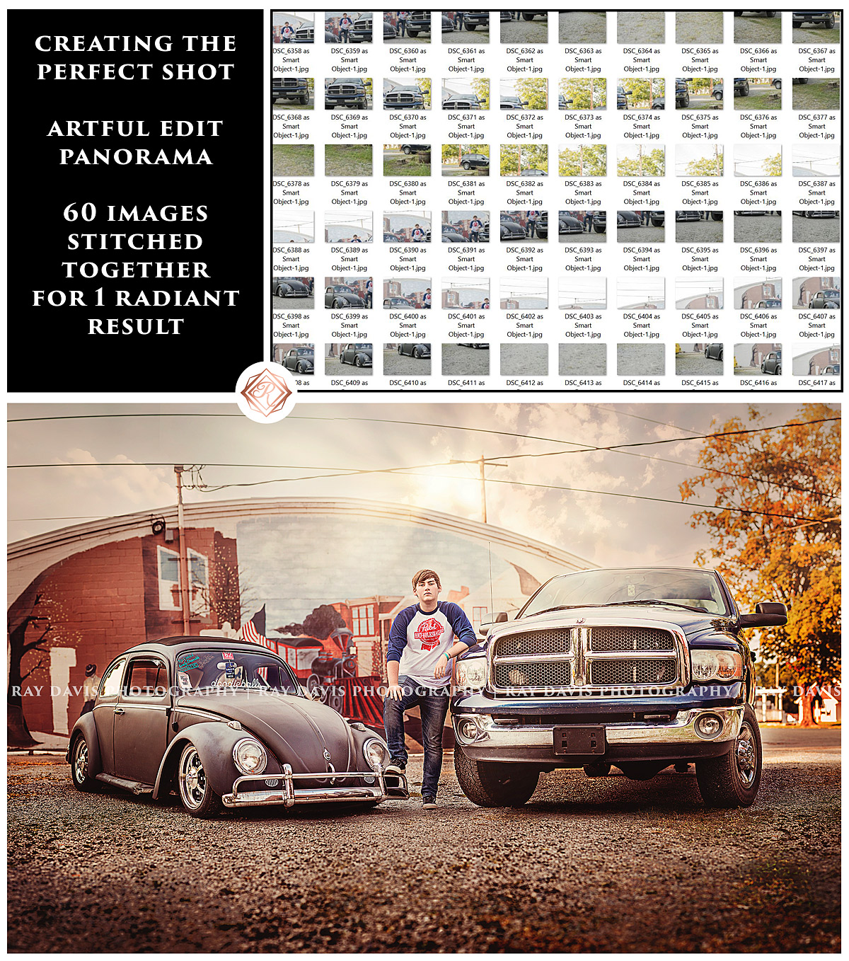 Guys Senior Picture with cars Vw Beetle and Truck Panorama