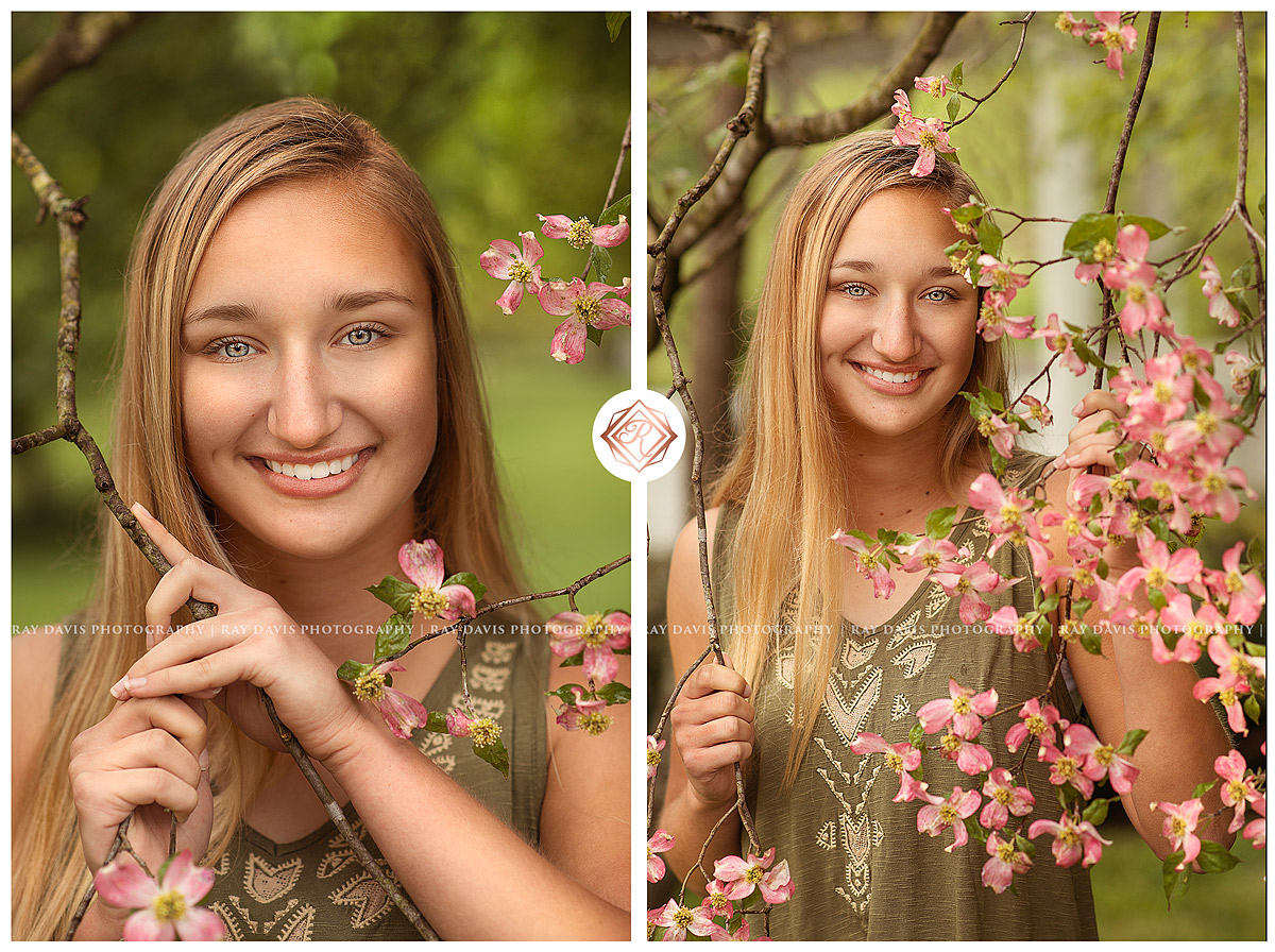 Senior Girl framed by dog wood flowers by Southern Indiana Photographer