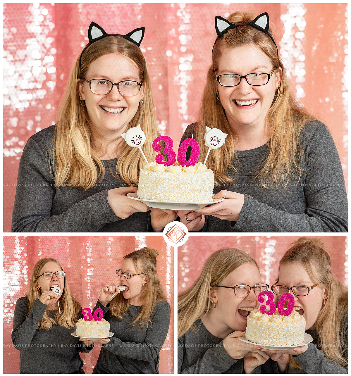 Blond Twins sisters 30th birthday with cat themed set and cake by Ray Davis Photography
