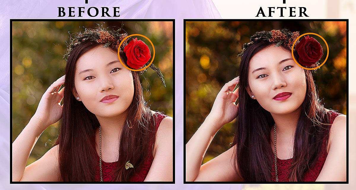 Before and After edit of rose in senior's hair for final portraits