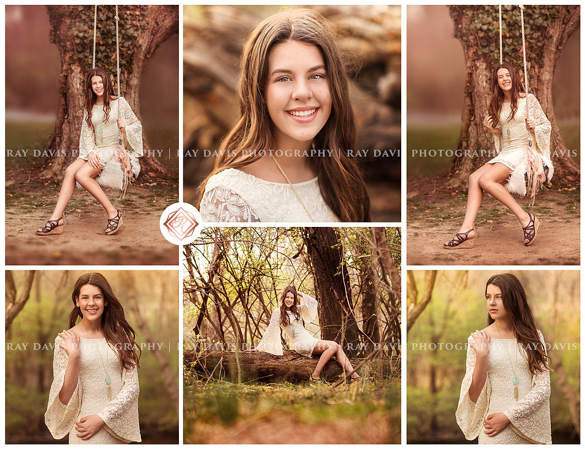 8th grade grad teen girl sits on swing in Anchorage Trail for portraits created by Louisville Ray Davis Photography